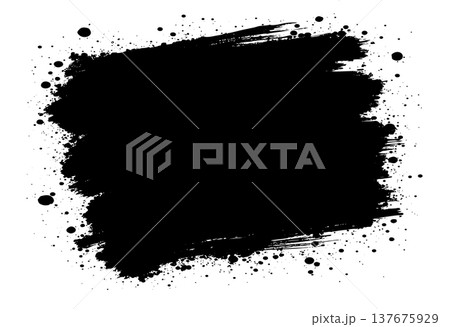 Square black brush stroke texture with ink spray dots on white background for artistic design work 137675929