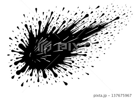 Dynamic black ink explosion with directional spray and comet shaped splatter on white background for 137675967