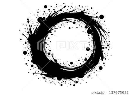 Circular black ink brush frame with paint splatters and dots isolated on white background art piece 137675982