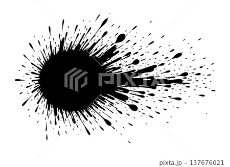 Black ink splash exploding outward with splatter and drops against white background dynamic Black ink splash exploding outward with splatter and drops against white background dynamic 137676021