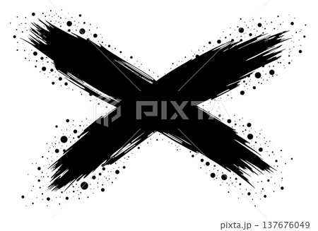 Black grunge brush stroke x mark on white background with texture and scattered dots Black grunge brush stroke x mark on white background with texture and scattered dots 137676049