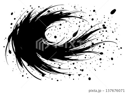 Black abstract brush stroke with paint splatters isolated on white background, dark ink texture 137676071