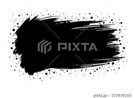 Abstract black horizontal brush stroke with sharp edges and paint splatter isolated on white 137676103