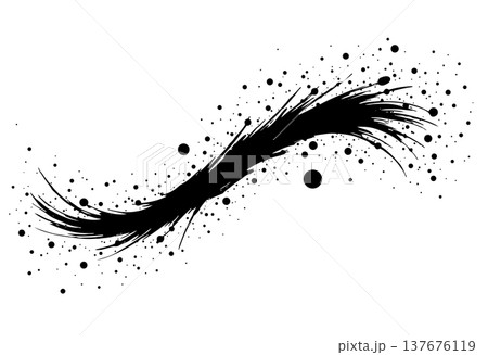 A dynamic black ink stroke with scattered dots creates an abstract, energetic pattern on white background 137676119
