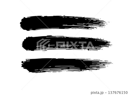 Three horizontal black brush strokes are isolated on white background with rough textured edges 137676150