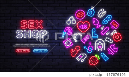 Sex Shop Bright neon banner with adult products icons glowing on a dark brick wall. Modern vector illustration for online store promotion with vibrant symbols of intimacy and nightlife style. 137676193