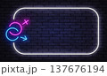 Neon symbol of male and female signs inside glowing frame. Bright colors highlight gender concept and relationship theme. Perfect for equality campaigns, dating content. 137676194