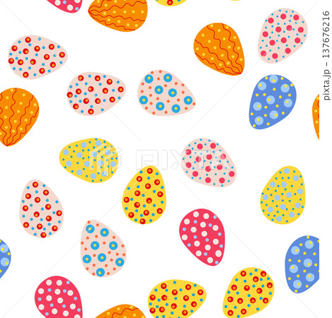 Seamless pattern with Easter eggs, outline design. A vibrant seamless background for Easter designs, featuring cute patterned eggs with polka dots and stripes. Seamless pattern with Easter eggs, outline design. A vibrant seamless background for Easter designs, featuring cute patterned eggs with polka dots and stripes. 137676216
