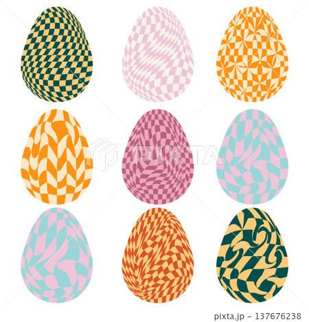 Easter eggs with retro groovy patterns in 60s 70s style set. Groovy hippie Happy Easter with distorted psychedelic design. Vector illustration Easter eggs with retro groovy patterns in 60s 70s style set. Groovy hippie Happy Easter with distorted psychedelic design. Vector illustration 137676238