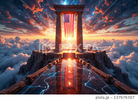 Grand celestial temple with vertical banner sky Grand celestial temple with vertical banner sky 137676307