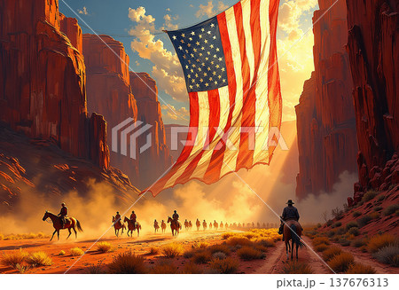 Group of cowboys riding through a desert under a flag Group of cowboys riding through a desert under a flag 137676313