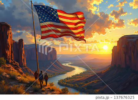 Hikers with American flag in canyon at sunset 137676325