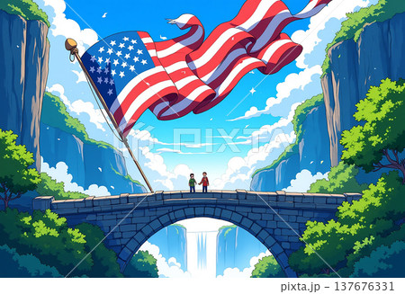 Huge american flag over bridge with two figures Huge american flag over bridge with two figures 137676331