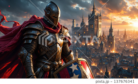 Knight in heavy plate armor standing before city 137676341