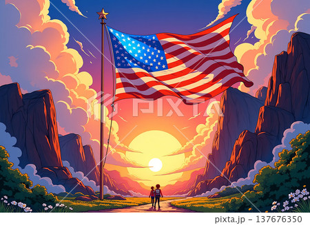Large american flag flying over mountain valley 137676350