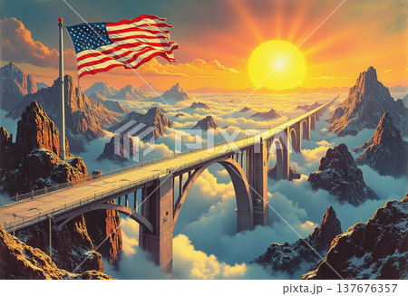 Long bridge extending through clouds at mountain Long bridge extending through clouds at mountain 137676357