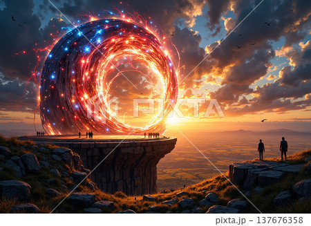 Magical portal opening on cliff edge at sunset am Magical portal opening on cliff edge at sunset am 137676358