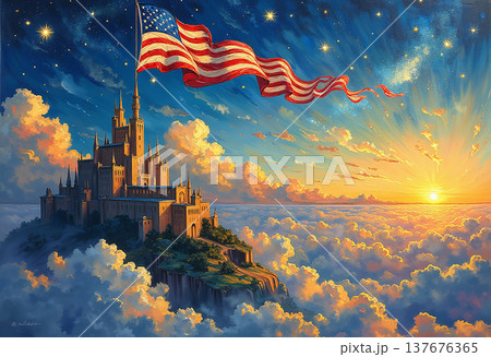 Majestic castle on clouds under american flag sky 137676365
