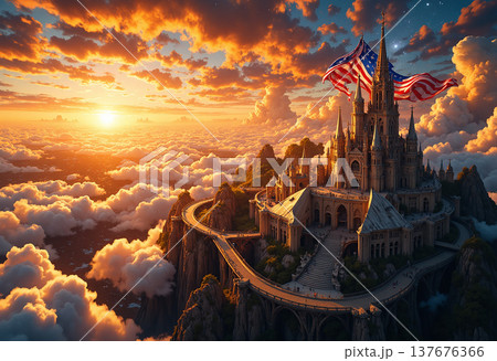 Majestic castle on mountain peak with american flags Majestic castle on mountain peak with american flags 137676366