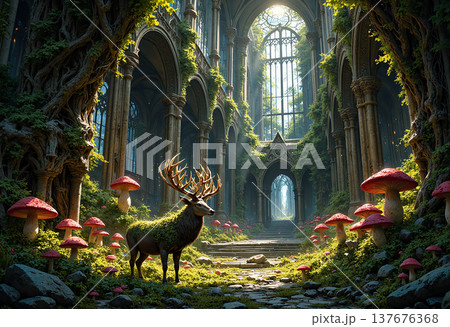 Majestic deer in lush fantasy forest ruins Majestic deer in lush fantasy forest ruins 137676368