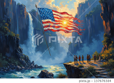 American flag waving over majestic waterfalls at sunset American flag waving over majestic waterfalls at sunset 137676384
