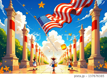 American flag waving over memorial columns alley American flag waving over memorial columns alley 137676385