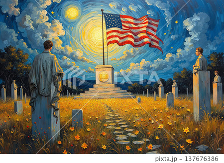 American flag waving over memorial in starry night 137676386