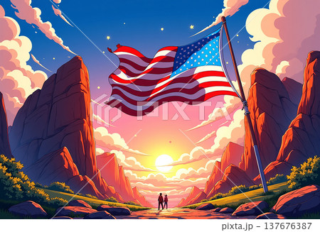 American flag waving over mountains and sunset American flag waving over mountains and sunset 137676387