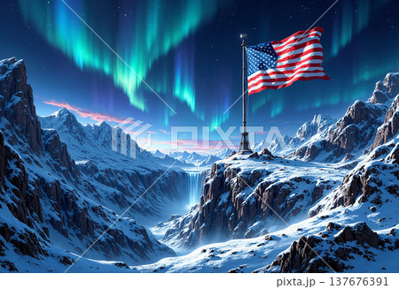 American flag waving over snowy mountain peaks at 137676391
