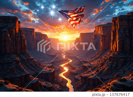 American flag with stars in sky over grand canyon sunset American flag with stars in sky over grand canyon sunset 137676417
