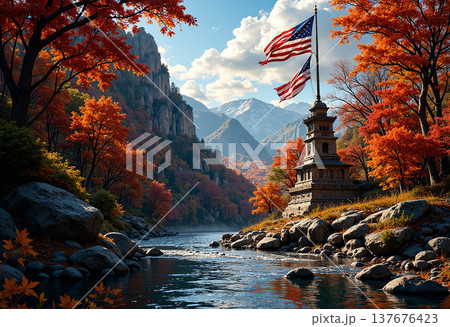 American flags on pole with autumn trees mountains river American flags on pole with autumn trees mountains river 137676423