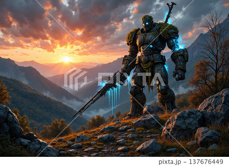 Armored giant with rifle mountain sunrise 137676449