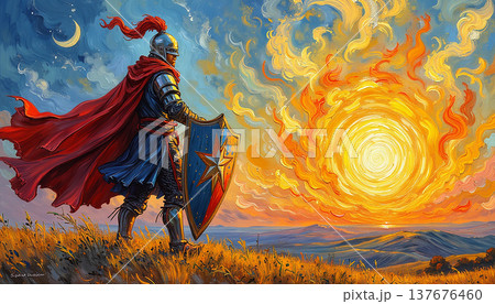 Brave knight holding shield looking at fire sun 137676460