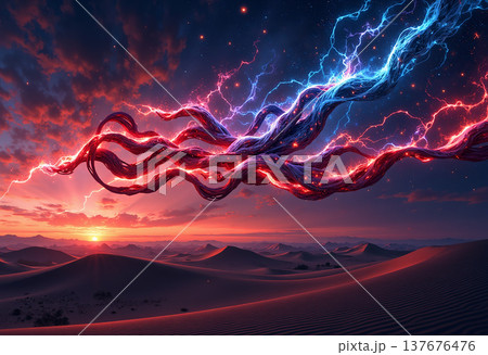 Cosmic desert landscape with vibrant electric energy 137676476