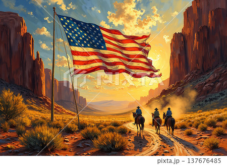 Cowboys on horseback travel a trail beneath a giant flag Cowboys on horseback travel a trail beneath a giant flag 137676485