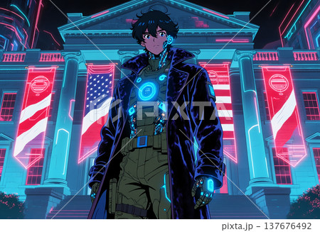 Cybernetic person in front of neon white house Cybernetic person in front of neon white house 137676492