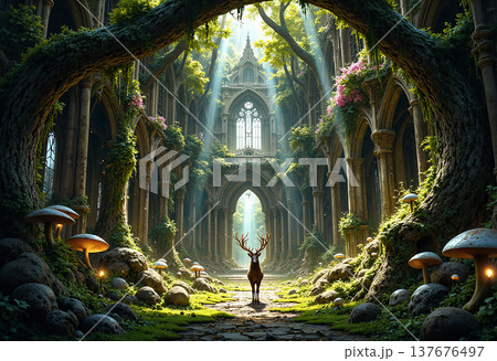 Deer in magical fairytale castle ruin forest Deer in magical fairytale castle ruin forest 137676497
