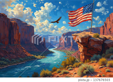 Eagle flies over american flag in canyon 137676503