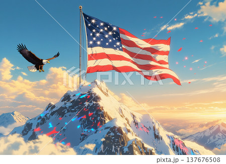 Eagle soars by US flag on snowy mountain top sunrise 137676508