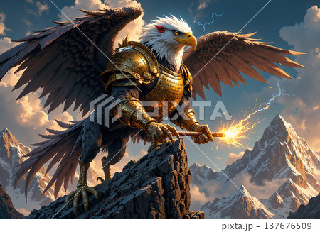 Eagle warrior in gold armor holding magic staff 137676509