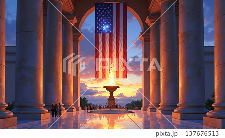 Eternal flame beneath american flag in a grand setting 137676513