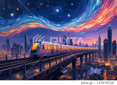 Fast train on elevated bridge over bustling city Fast train on elevated bridge over bustling city 137676526