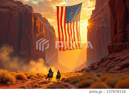 Flag hanging between red rock canyon cliffsides Flag hanging between red rock canyon cliffsides 137676538
