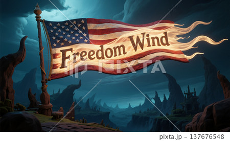 Freedom wind banner against dark landscape Freedom wind banner against dark landscape 137676548