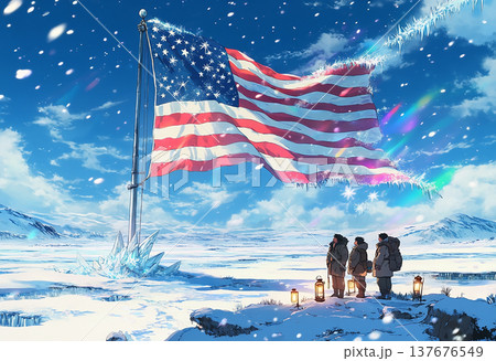Frozen american flag in snowy winter arctic scene 137676549