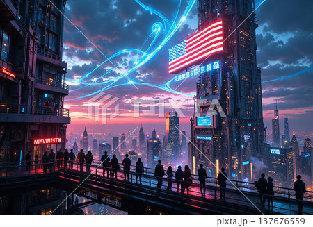 Futuristic city with american flag at night Futuristic city with american flag at night 137676559