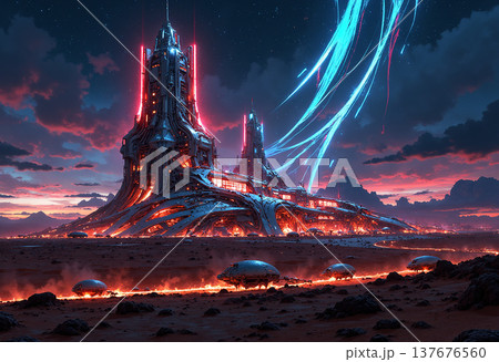 Futuristic city with neon lights and alien vehicles Futuristic city with neon lights and alien vehicles 137676560