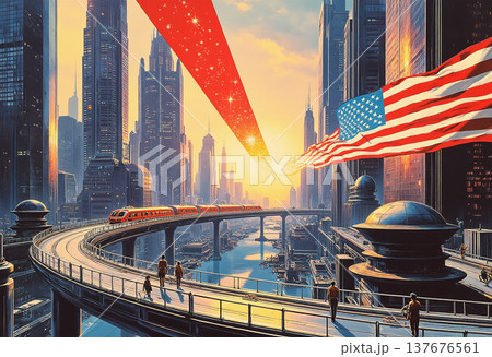 Futuristic city with train and american flag Futuristic city with train and american flag 137676561