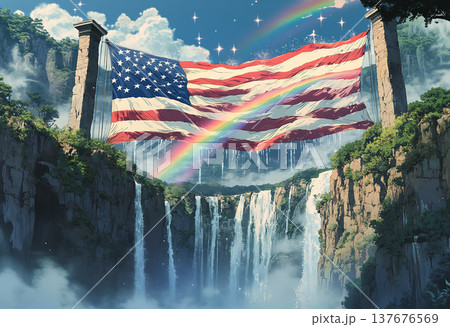 Giant American flag displayed with waterfalls, rainbows Giant American flag displayed with waterfalls, rainbows 137676569