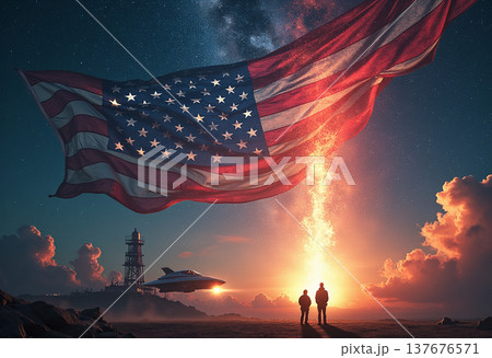 Giant american flag hovering over mysterious landscape Giant american flag hovering over mysterious landscape 137676571